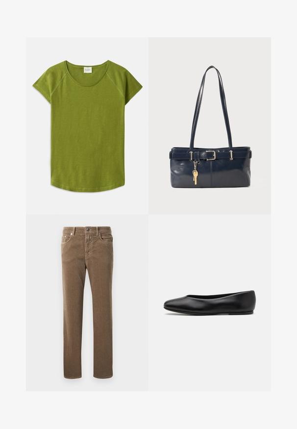 Groene t-shirt met korte mouwen, gemaakt van zachte stof. Heeft een ronde halslijn en een relaxte pasvorm. Eenvoudig ontwerp zonder zichtbare patronen of accenten.; Bruine corduroy recht gesneden broeken met voorzakken, riemlussen en knoopsluiting op een witte achtergrond.; Paul Smith TOPANGA - Ballerina's - black; Marine leren handtas met twee lange hengsels, een gespdetail en een sleutelhanger eraan bevestigd. Heeft een gladde textuur en een rechthoekige vorm.