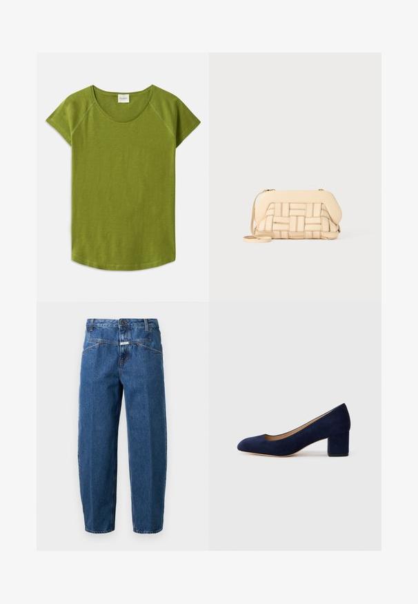 Zöld, rövid ujjú póló, puha anyagból készült. Kerek nyakkivágással és laza szabással rendelkezik. Tiszta dizájn, látható minták vagy díszítések nélkül.; Sötétkék farmernadrág, laza szabású, öt zsebes kialakítással, varrott varratokkal és gombos derékrésszel.; Tengerészkék velúr, hegyes orrú pumpa, középmagas tömbsarkúval. Simítású felület finom fénylő hatással, elöl egy kis kivágással.; Szőtt bézs táska, amelynek struktúrált kialakítása van, sima tetejével és hosszú pántjával. A texturált részletek fokozzák az összhatást.