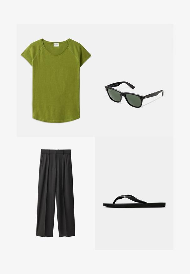 Zelené tričko s krátkým rukávem vyrobené z měkké tkaniny. Má kulatý výstřih a volný střih. Čistý design bez viditelných vzorů nebo akcentů.; Černé, široké kalhoty z hladké tkaniny. Mají vysoký pas, poutka na opasek a přední sklady pro přidanou strukturu.; Černé gumové žabky s texturovaným páskem a jednoduchou plochou podrážkou, zobrazené z boku na světlém pozadí.; Černé plastové sluneční brýle se zelenými skly, čtvercové obroučky, stříbrný detail na obočí a texturované stranice. Značka uvedená na vnitřní straně stranic.