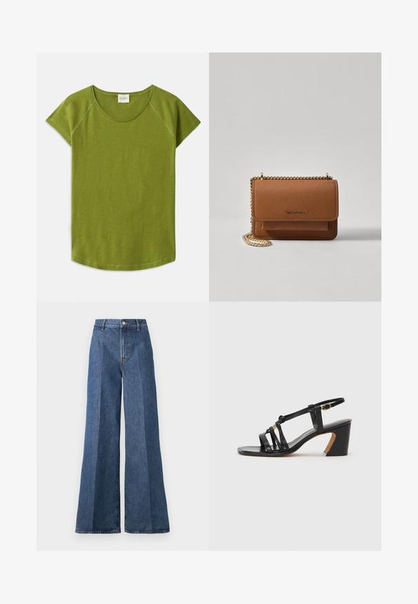 Zaļš, īso piedurkņu T-krekls, izgatavots no mīksta auduma. Tam ir apaļa kakla izgriezums un brīvs piegriezums. Tīrs dizains bez redzamām rakstiem vai akcentiem.; Platām kājām zili denim džinsi ar augstu jostasvietu, ar klasisko piecu kabatu dizainu un pogu aizdari, izgatavoti no teksturēta kokvilnas auduma.; Paul Smith AMIRA - Klasiski papēži - black; Brūna teksturēta ādas plecu soma ar zelta ķēdes siksnu un atloka aizdari. Priekšpusē ir logotipa detaļa un kabata zem atloka.