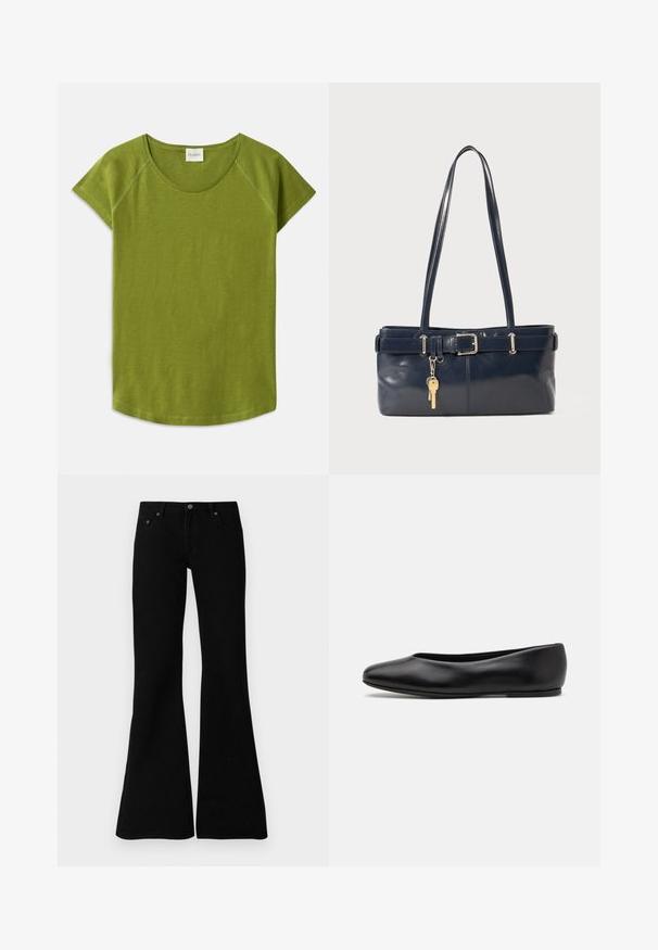 Zelena majica s kratkimi rokavi iz mehkega blaga. Ima okroglo ovratnico in sproščen kroj. Čist dizajn brez vidnih vzorcev ali dodatkov.; Črne razširjene kavbojke iz denima, ki vključujejo klasično zasnovo s petimi žepi, zapiranje na gumb in diskretne šive ob šivih.; Paul Smith TOPANGA - Balerinke - black; Mornarska usnjena torbica z dvema dolgima ročajema, dodatkom z zaponko in pritrjeno ključavnico. Ima gladko teksturo in pravokotno obliko.