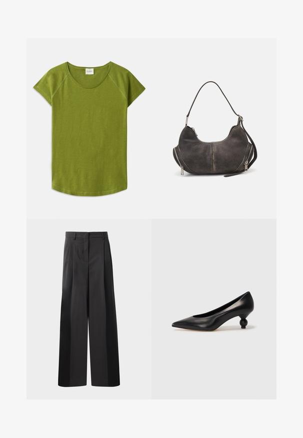 Zelené tričko s krátkym rukávom vyrobené z mäkkej látky. Má okrúhly výstrih a voľný strih. Čistý dizajn bez viditeľných vzorov alebo akcentov.; Čierne široké nohavice s vysokým pásom, so záhybmi vpredu, hladkou textúrou a prispôsobeným strihom. Navrhnuté pre uvoľnený strih.; Čierna kožená vysoká topánka na podpätku s ostrým špičkou a okrúhlym, guľatým podpätkom. Hladký povrch s moderným, minimalistickým dizajnom.; Hobo taška v tmavosivej semišovej úprave s zakriveným tvarom, horným uchom a bočnými zipsami s kovovými ťaháčikmi. Hladká textúra a viditeľné švy.