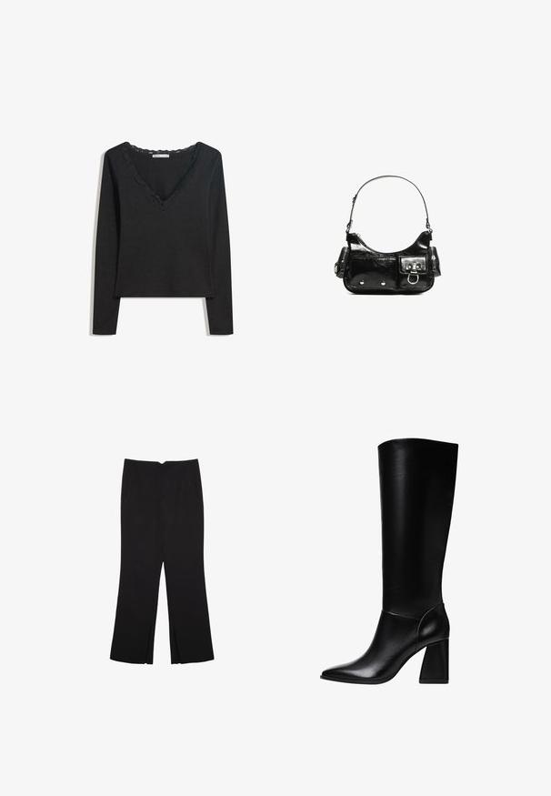 Mustapitsinen pitkähihainen paita, joka on valmistettu pehmeästä kankaasta. Siinä on syvä V-mallin kaula-aukko, jossa on aaltoileva pitsireuna, ja se on vartalonmyötäinen. Ei näkyviä kuvioita.; Mustat housut suoralinjaisella leikkauksella, joissa on etutaskut ja sivurei'ät helman alla. Valmistettu pehmeästä ja sileästä kankaasta. Sopii eri tilaisuuksiin.; Stradivarius Korolliset saappaat - black; Mustekko mustasta kiiltonahasta valmistettu käsilaukku, jossa on kaareva muoto, yksi olkahihna, etutaskut ja hopeanväriset yksityiskohdat.