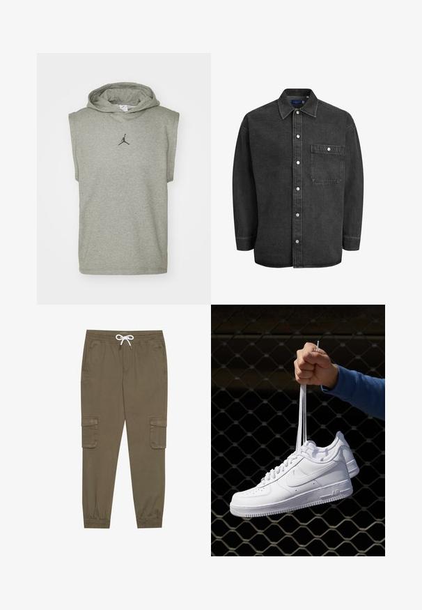 Jordan SPORT SLEEVELESS HOODIE - Top - carbon heather/black; Črna denim srajca z dolgimi rokavi, širokim ovratnikom, gumbom spredaj in enim žepom na prsih. Ima srebrne pritisne gumbe in sproščen kroj.; Khaki cargo hlače z elastičnim pasom in vrvico, z stranskimi žepi in manšetami na gležnjih. Narejene so iz teksturiranega, lahkega materiala.; Bela usnjena športna obutev s perforacijami, okroglo konico, ravnim podplatom in debelimi vezalkami, z vidnim logotipom smoosh in napisom "AIR" na peti.