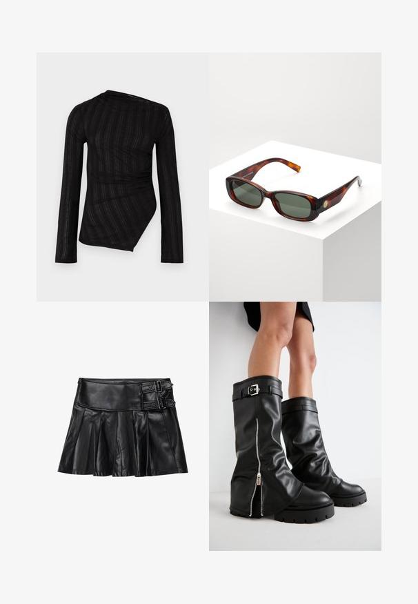 Black long-sleeve top with a draped design, featuring textured stripes and an asymmetrical hemline. Made from a lightweight, sheer material.; Black leather skirt with pleats, wide waistband, and two buckle accents on the side. Smooth texture with a glossy finish.; Black leather knee-high boots with a wide shaft, featuring a side zipper and buckle accent, textured finish, and chunky rubber sole.; Tortoiseshell rectangular sunglasses with green lenses. Wide frame, smooth finish, gold accent on the side, and slim temples.; Dark gray fabric bag with a curved handle, soft texture, and rounded shape. No visible hardware or embellishments.