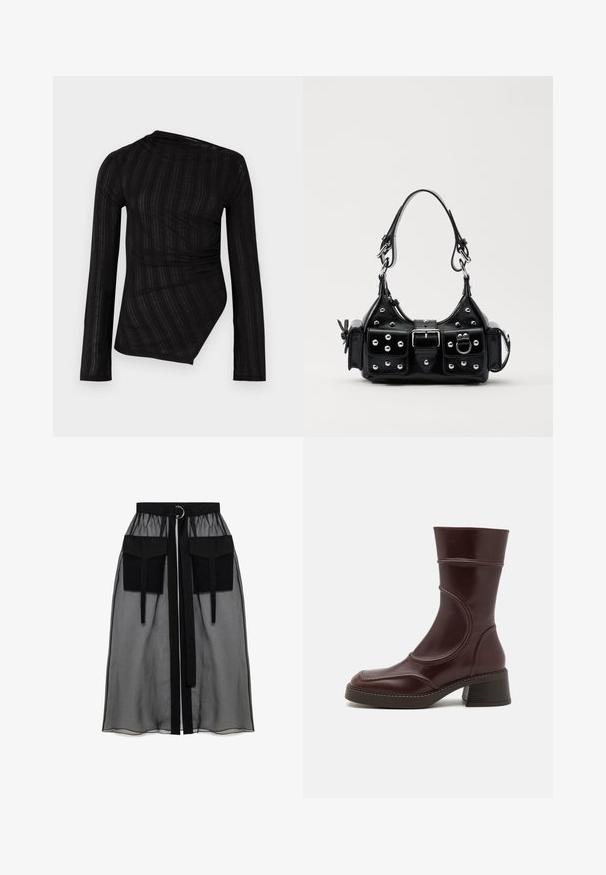 Černý dlouhý rukáv top s draped designem, který má texturované pruhy a asymetrický lem. Vyrobeno z lehkého, průsvitného materiálu.; Černá průhledná sukně s nařaseným pasem, která má dvě velké přední kapsy, páskový uzávěr a kulatý kovový akcent.; MIISTA MALENE - Kotníkové boty - brown; Černá kožená kabelka s křivkovým designem, zdobená stříbrnými hřebíky, s přezkou a dvěma bočními kapsami. Nastavitelný popruh pro různé možnosti nošení.