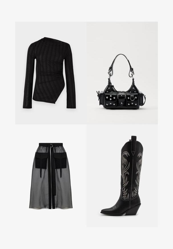 Crna majica dugih rukava s drapiranim dizajnom, koja sadrži teksturirane pruge i asimetričnu donju ivicu. Izrađena je od laganog, prozirnog materijala.; Crna prozirna suknja s nabranim pojasom, koja ima dva velika prednja džepa, remen oko struka i okrugli metalni detalj.; Crne kožne kauboj čizme s šiljastim prstima, klinastim potpeticama i srebrnim izvezenim cvjetnim uzorcima duž osovine. Kontrastni šavovi posvuda.; Crna kožna torba s zakrivljenim dizajnom, koja sadrži srebrne zakovice, kopču i dva bočna džepa. Podesiva traka za različite opcije nošenja.