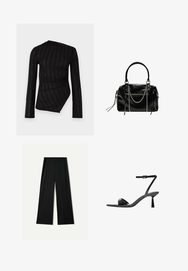 Fekete, hosszúujjú felső, drapírozott dizájnnal, texturált csíkokkal és aszimmetrikus szegéllyel. Könnyű, áttetsző anyagból készült.; Bershka WIDE - Nadrágok - black; Bershka Magas sarkú szandálok - black; Bershka WITH CHAIN - Kézitáska - black
