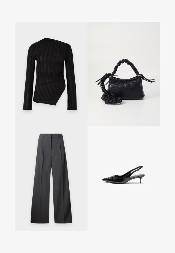 Black long-sleeve top with a draped design, featuring textured stripes and an asymmetrical hemline. Made from a lightweight, sheer material.; Wide-leg trousers in dark gray fabric, featuring a high waist, single pleats, and a smooth texture with a clean finish at the hems.; Black leather slingback heels with a pointed toe, small kitten heel, and a decorative knot detail on the front. Smooth texture throughout.; Black faux leather handbag with a crocodile texture, cinched top, and a scrunched strap. Appears soft and compact in design.