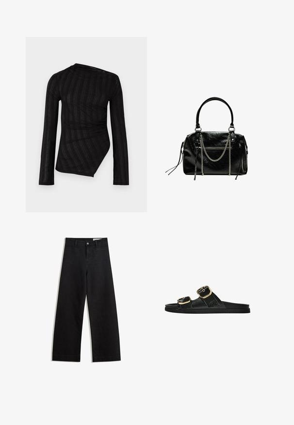Fekete, hosszúujjú felső, drapírozott dizájnnal, texturált csíkokkal és aszimmetrikus szegéllyel. Könnyű, áttetsző anyagból készült.; Fekete, bő szabású farmernadrág magas derékkal, elülső és hátsó zsebekkel, varrott felületekkel és gombos záródással. Sima textúra.; Fekete csúszó szandál, két arany csattal, sima textúrájú anyagból, lapos talppal és minimalista dizájnnal.; Bershka WITH CHAIN - Kézitáska - black