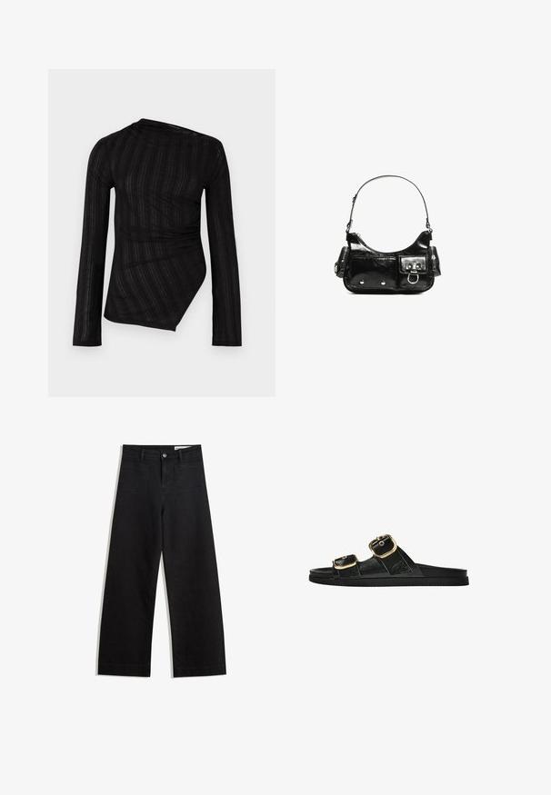 Čierny top s dlhým rukávom a drapovaným dizajnom, s textúrovanými pruhmi a asymetrickým lemom. Vyrobený z ľahkého, priesvitného materiálu.; Čierne denimové nohavice s širokými nohavicami a vysokým pásom, so prednými a zadnými vreckami, šitými švami a zapínaním na gombík. Hladká textúra.; Čierne šľapky s dvoma zlatými prackami, hladký textúrovaný materiál, plochá podrážka a minimalistický dizajn.; Čierna laková kožená kabelka s ohnutým tvarom, jedným ramenným popruhom, prednými vreckami a striebornými kovovými doplnkami.