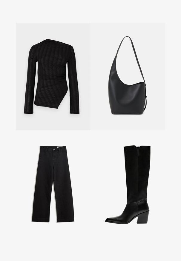 Black long-sleeve top with a draped design, featuring textured stripes and an asymmetrical hemline. Made from a lightweight, sheer material.; Black wide-leg denim pants with a high waist, featuring front and back pockets, stitched seams, and a button closure. Smooth texture.; Black knee-high boots made of smooth leather, featuring a pointed toe, a block heel, and a V-shaped cutout at the top.; Black leather hobo bag with a smooth texture, curved shape, and single adjustable strap; features a wide opening at the top.