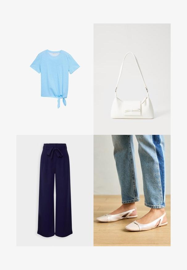 Modra prugasta majica s kratkimi rokavi in okroglim izrezom ter z detajlom zavezovanja na robu. Narejena iz mehke, lahkotne tkanine.; Anna Field Hlače - dark blue; Svijetloružičaste slingback balerinke s šiljastim nožnim prstima, napravljene od glatkog materijala nalik koži. Imaju izrezane detalje sa strane i ravne pete.; Bela sintetična torbica v obliki trikotnika, z ravnim sprednjim poklopcem in detajlom mašne, nastavljivim trakom, gladko teksturo in minimalističnim dizajnom.