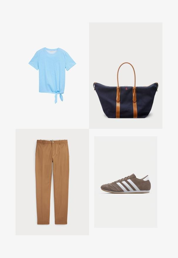 Zils svītrots īsās piedurknes t-krekls ar apaļu kakla izgriezumu un saišu detaļu uz apakšmalas. Izgatavots no mīksta, viegla auduma.; Brūni kokvilnas bikses ar šauru piegriezumu, plakanu priekšpusi un standarta kabatām; gluda tekstūra un apšūti manšetes.; Brūnas zamšādas sporta kurpes ar baltām svītrām, apaļā purngala forma, ar auklēm, un gumijas zole. Tekstūrēts augšdaļa ar šuvju detaļām.; Jūras krāsas kanvas sporta soma ar brūnu ādas siksnām, ar rāvējslēdzēju slēgšanu un mazu sarkanu logotipa detaļu priekšpusē, ar plašu un ietilpīgu dizainu.