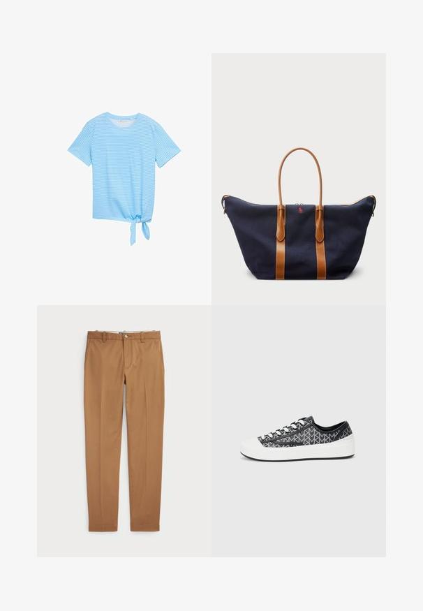 Zils svītrots īsās piedurknes t-krekls ar apaļu kakla izgriezumu un saišu detaļu uz apakšmalas. Izgatavots no mīksta, viegla auduma.; Brūni kokvilnas bikses ar šauru piegriezumu, plakanu priekšpusi un standarta kabatām; gluda tekstūra un apšūti manšetes.; Melni un pelēki rakstaini sporta apavi ar baltu gumijas purngali, ar saistīšanas dizainu un tekstūrētām melnām akcentēm malās.; Jūras krāsas kanvas sporta soma ar brūnu ādas siksnām, ar rāvējslēdzēju slēgšanu un mazu sarkanu logotipa detaļu priekšpusē, ar plašu un ietilpīgu dizainu.