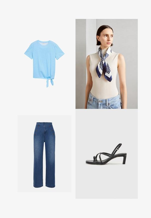 Camiseta de manga corta a rayas azules con cuello redondo y un detalle de lazo en el dobladillo. Fabricada en una tela suave y liviana.; Jeans de mezclilla de talle alto en azul medio. Presenta detalles de botones en la parte frontal y un diseño de pierna ancha. La tela tiene una textura suave con un ligero desvanecimiento.; Sandalia negra de tiras con punta cuadrada y tacón bajo de bloque. Presenta múltiples tiras delgadas y una correa ajustable en el tobillo. Fabricada en cuero suave.; Pañuelo de seda en azul marino y blanco con un patrón geométrico de zigzag. Textura suave, atado de manera ordenada alrededor del cuello, complementando una blusa de canalé.; Bolso tote de cuero negro con textura suave, forma estructurada, dos asas y un prominente detalle de hebilla plateada en la parte frontal.