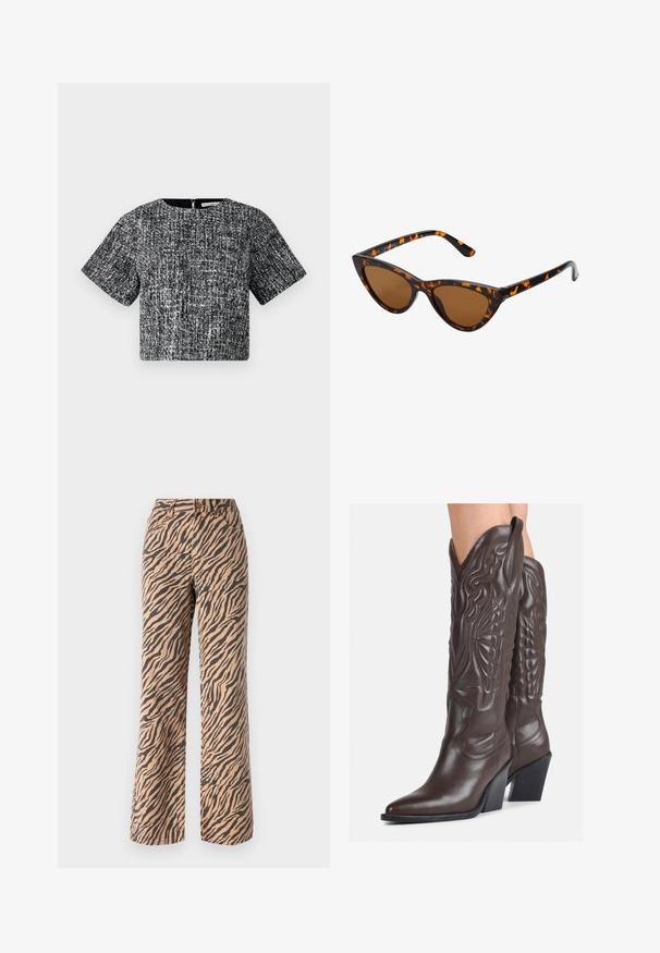 Short-sleeve cropped top in black and white textured fabric. Features a crew neckline and a hidden back zipper detail.; Wide-leg trousers with a tiger stripe pattern in shades of brown and black, featuring a standard waist and five-pocket design.; Brown leather cowboy boots with pointed toe and block heel, featuring detailed stitching and raised accents on the shaft.; Cat-eye sunglasses with a black and orange tortoiseshell frame, brown lenses, and sleek, pointed tips. Features a minimal logo on the temple.