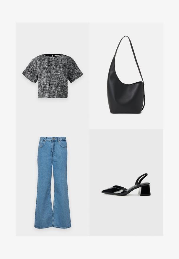 Haut court à manches courtes en tissu texturé noir et blanc. Il présente un col rond et un zip caché dans le dos.; Jean flare bleu clair en denim, avec une taille haute, cinq poches et une fermeture à un bouton. Texture douce avec une finition décolorée.; Escarpins en cuir verni noir avec bout pointu et talon bloc géométrique. Présente un design élégant et minimaliste ainsi qu'une texture lisse.; Sac hobo en cuir noir avec une texture lisse, une forme incurvée et une seule sangle réglable ; dispose d'une large ouverture en haut.