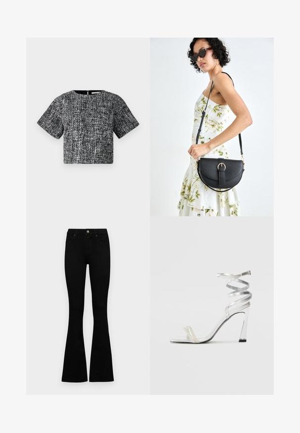 Short-sleeve cropped top in black and white textured fabric. Features a crew neckline and a hidden back zipper detail.; Black high-waist jeans with a button and zip closure, front pockets, and flared legs laid flat on a white background.; Silver high-heeled sandal with a shiny strap design, featuring a pearl-like accent and a spiraled ankle strap for secure fit.; Black leather handbag with a curved shape, detachable strap, and gold hardware. The bag features a flap with a buckle detail.