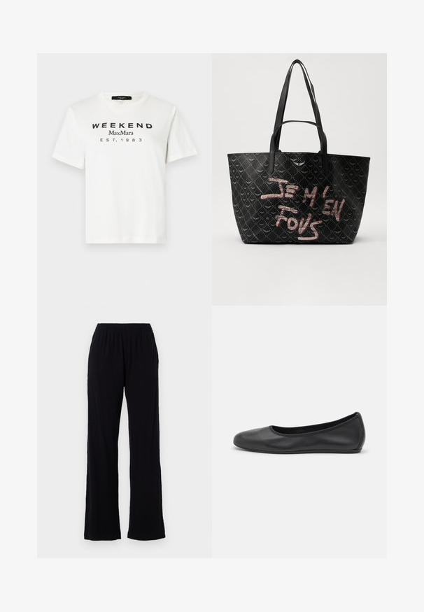 White cotton t-shirt with short sleeves. Black text "WEEKEND MaxMara EST.1983" printed on the front. Round neckline, relaxed fit.; Black, lightweight, elastic waist pants with a straight leg design. Soft texture with no visible patterns or accents. Simple and versatile style.; Black leather ballet flat with a rounded toe, smooth texture, minimal stitching detail, and a flexible sole design.; Black tote bag with textured material featuring a diamond pattern, shoulder straps, and bold red and white text reading “JE M'EN FOUS.”