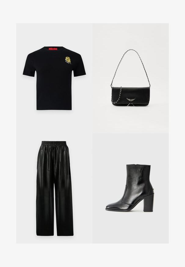 Crna kratka majica s našim rukavima i okruglim izrezom. Sadrži detaljno vezenu zmiju u zlatnoj i crnoj boji na lijevoj strani prsnog koša.; Crne kožne hlače širokih nogavica s elastičnom trakom u struku, koje imaju dva bočna džepa i glatku, sjajnu površinu.; Crna kožna čizma do gležnjeva s glatkom teksturom, špicastim vrhom i debelim visokim potpeticama. Ima bočni otvor i minimalistički dizajn.; Crna kožna torba s srebrnim lanac strapom, s dekorativnim krilnim naglascima i bijelim šavovima duž donjeg šava.