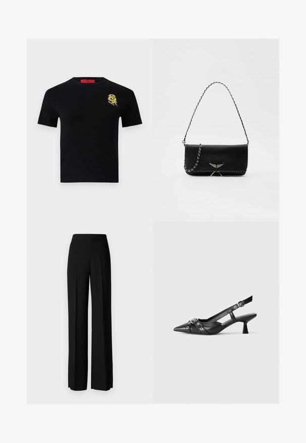 Melnā īsām piedurknēm svītra ar apaļu kakla izgriezumu. Uz kreisās krūšu daļas ir izšūts detalizēti zelta un melns čūska logotips.; Melni platleği bikses ar gludu tekstūru, ar augstu jostasvietu un centrālajām krokām. Nav redzamu rakstu vai aparatūras detaļu.; Melnas ādas šlipsveida kurpes ar norādītu purngalu, dekoratīvām joslām ar metāla acīm un zemu bloku papēdi. Teksturēta virsma.; Melnas ādas rokassomā ar sudraba ķēdes siksnu, kurai ir dekoratīvi spārnu akcenti un baltā šuvēšana apakšējā šuvē.