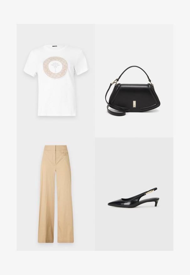 White cotton t-shirt featuring a circular beige logo design with a floral motif at the center and text around the border.; Beige wide-leg pants made of cotton blend fabric. Features a smooth texture, elastic waistband, and a side button detail.; Black leather slingback heels with a pointed toe, featuring a slim heel and a gold-tone accent on the adjustable strap. Smooth texture.; Black leather handbag with a structured design, featuring a cropped shape, top handle, and gold hardware accent. Adjustable shoulder strap included.