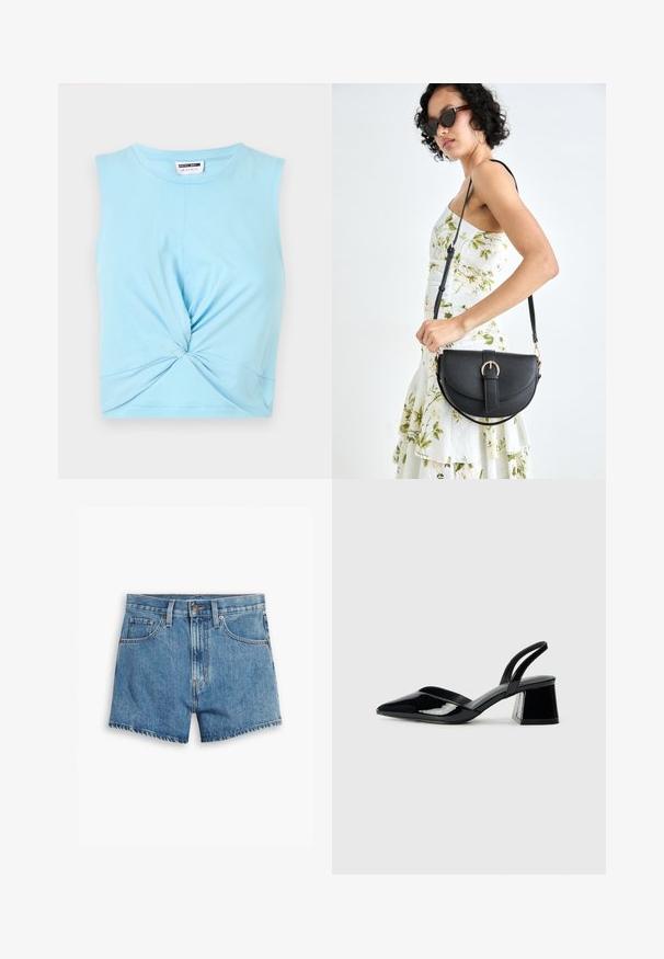 Camisola curta sem mangas de cor azul clara, feita de algodão suave, apresentando um detalhe torcido na frente e um decote redondo.; Bermudas de ganga em azul claro, com cinco bolsos, fecho de correr e fecho de botão. A bainha está desfiada com um design de corte descontraído.; Sandy em verniz preto com salto slingback, ponta afilada e salto geométrico. Apresenta um design elegante e minimalista com textura suave.; Bolsa de couro preta com forma curva, alça destacável e detalhes em dourado. A bolsa possui uma aba com detalhe de fivela.