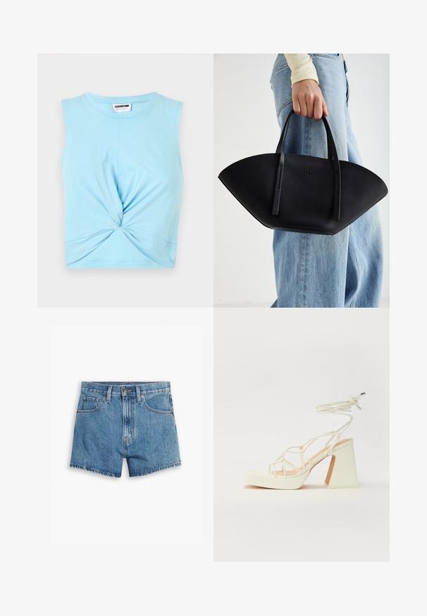 Halványkék, újjatlan crop top, puha pamutból készült, elöl csavart részlettel és kerek nyakkivágással.; Világoskék farmer rövidnadrág, öt zsebbel, cipzáros megoldással és gombos záródással. A szegélyt megkoptatták, és laza szabású dizájn jellemzi.; Fehér, magassarkú szandál vastag sarokkal, pántos dizájnnal és bokapánttal. Sima textúra, elülső platformmal a megnövelt magasság érdekében.; Fekete bőr kézitáska egyedi legyezőformával, lapos füllel. A felülete kőriszerű textúrájú és minimalista dizájnnal rendelkezik.