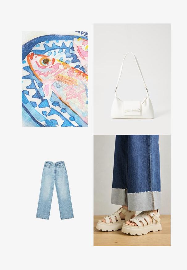 Next HEAVYWEIGHT SHORT SLEEVE CREW NECK - T-shirt med print - ecru white coastal scene beaded graphic; Ljusblå denim byxor med vida ben och hög midja, med en blekt tvätt och små, utspridda slitna detaljer genom hela plagget.; Beiga plattformssandaletter med tjocka sulor har en remdesign och justerbara ankelremmar. Bärs med vida jeansbyxor, där ena fållen är trasig.; Vit syntetisk handväska med triangulär form, platt framklaff och rosettdetalj, justerbar rem, slät textur och minimalistisk design.