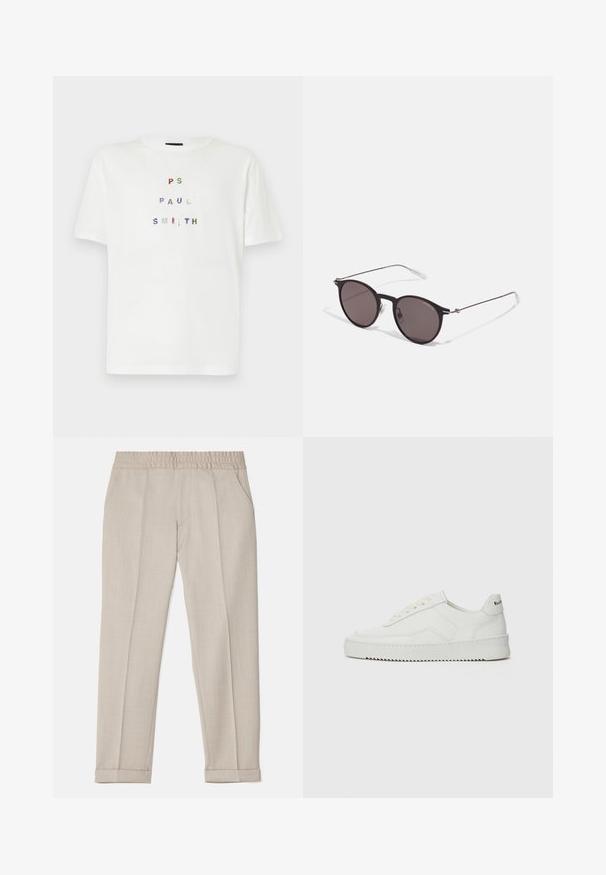 T-shirt en coton blanc avec un texte multicolore en sequins portant "PS PAUL SMITH" dans un design en lettres majuscules. Coupe décontractée, col rond.; Filippa K TERRY CROPPED TROUSERS - Pantalon classique - sage melange; Baskets en cuir blanc avec une finition lisse, bout arrondi, lacets plats et semelle texturée. Présente un logo discret sur le talon.; Lunettes de soleil noires rondes avec verres sombres et branches en métal fines. Comprend des embouts transparents et des accents argentés au niveau de la charnière. Design minimaliste.