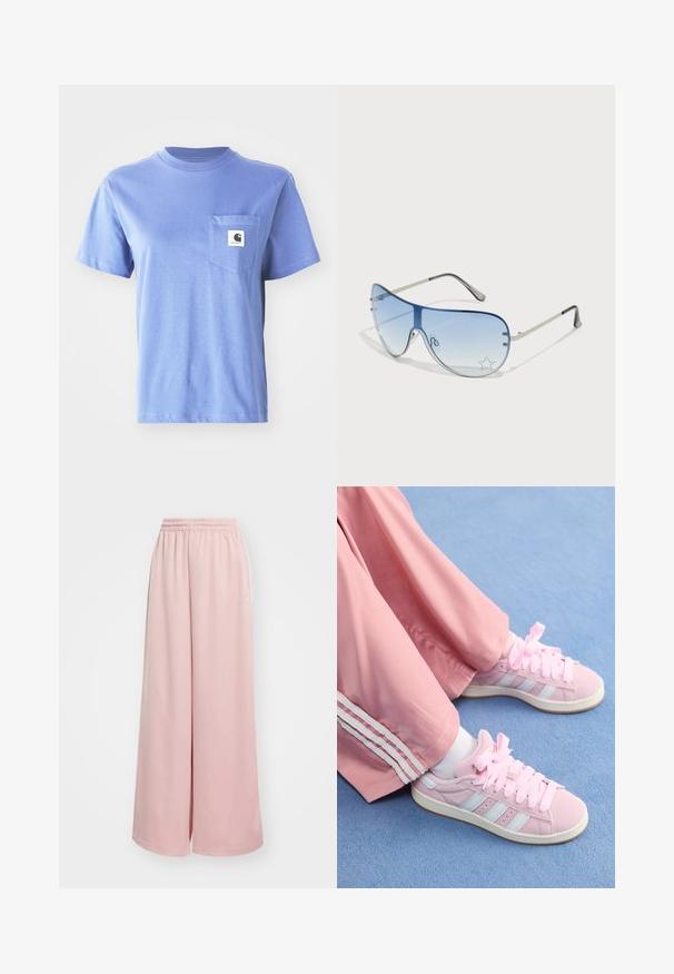 Hellblaues Baumwoll-T-Shirt mit Rundhalsausschnitt, kurzen Ärmeln, einer Brusttasche und einem kleinen Logo-Patch auf der Tasche.; Helle rosa weit geschnittene Hose mit elastischem Bund. Glatter Stoff mit seitlichen Taschen und dezentem Branding am linken Bein.; Rosa Sportschuhe mit hellblauen Streifen, runder Zehenform und dicken rosa Schnürsenkeln, kombiniert mit rosa Jogginghosen mit weißen Seitenstreifen.; Flugzeugbrille mit einem verlaufenden blauen Glase, silbernem Metallrahmen und dekorativen Sternelementen auf dem Glas. Glattes und elegantes Design.