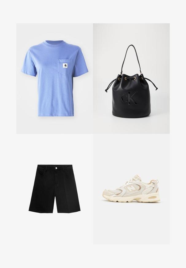 Svijetloplava pamučna majica s okruglim izrezom, kratkim rukavima, džepom na prsima i malom logotip oznakom na džepu.; Crni traper šortsevi s ravnim krojem, pet džepova i zatvaranjem na srebrni gumb. Glatka tekstura s minimalnim detaljima šavova.; Bež sportske cipele s mrežastim i sintetičkim prekrivačima, sa teksturiranom površinom, ojačanim okovratnikom i "ABZORB" jastučićem na peti.; Crna kožna torba u obliku kante s zatvaranjem na vezicu, koja na prednjoj strani ima sjajni "CK" logo i zlatne metalne detalje.; Zlatne metalne hoop naušnice s glatkom završnom obradom, okruglog oblika i sigurnim kopčanjem. Polirana površina bez vidljivih uzoraka ili akcenata.