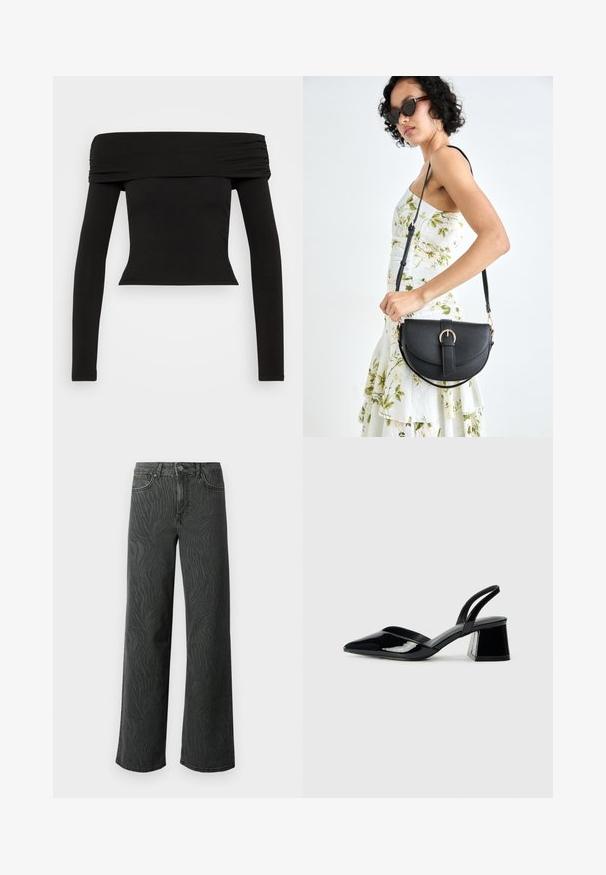Fekete, vállról lelógó, hosszú ujjú felső rugalmas anyagból. A nyak körül ráncolt részletek találhatóak, és a siluettja testhez simuló.; Sötét szürke denim széles lábú farmer, diszkrét zebra mintás textúrával, kontrasztos varrással és öt zsebes kialakítással, gombos zipzárral.; Fekete lakk bőr szandálkés magas sarkú cipő, hegyes orral és geometrikus tömbsarkakkal. Karcsú, minimalista dizájn és sima textúra jellemzi.; Fekete bőrtáska ívelt formával, levehető pánttal és arany színű fémrészekkel. A táskán egy csattal díszített fedél található.