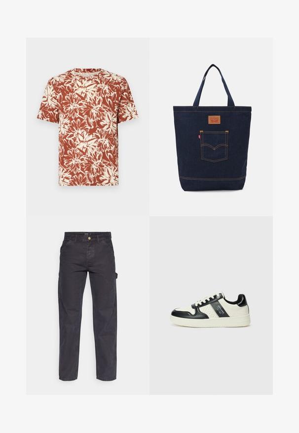 Lühikeste varrukatega t-särk roostes värviga, kreemilise lillede trükiga, ümarate kaeluste ja lõdva istuvusega. Valmistatud kergest kangast.; Tumehallid cargo-püksid, mis on valmistatud vastupidavast kangast, sirge lõikega, viie tasku ja nupuga kinnitusega vööl.; Nahatud nahkkingad musta ja kreemi värviskeemiga, millel on perforeeritud aktsendid, pehme krae ja tekstureeritud tallad.; Tume sinine teksakott kahe käepidemega, nähtavate õmblustega ning esiküljel klassikalise logo plaastriga tasku.