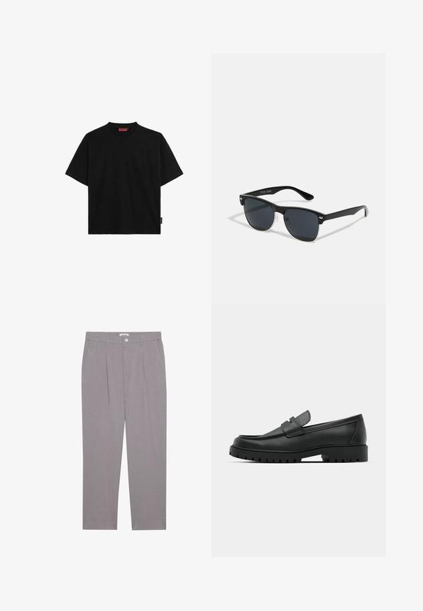 Crna majica kratkih rukava od pamuka, s okruglim izrezom i malom oznakom sa strane. Glatka tekstura i ravni kroj.; Sive krojene hlače ravnog kroja, s dva prednja džepa, nabranim detaljima i kopčanjem na dugme. Izrađene od laganog materijala.; Crne kožne mokasine s zaobljenim vrhom, s ušivenim dizajnom, niskom platformom i teksturiranim, gumenim potplatom s izbočinama.; Crne sunčane naočale pravokutnog oblika, tamne leće, srebrni detalji na sljepoočnicama i matirajuća završna obrada okvira.