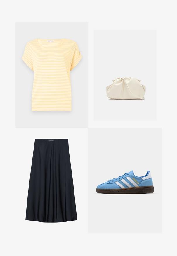 Geel T-shirt met korte mouwen en witte horizontale strepen. Bevat een ronde halslijn en opgerolde mouwen. Gemaakt van lichte stof.; Zwarte, knielange rok van lichtgewicht stof met een vloeiende uitstraling. Kenmerkt zich door een gladde textuur en subtiele plooien voor extra detail.; Lichtblauwe suède sneakers met witte leren strepen, een bruine textuurzool en gouden logo-detail. Laag ontwerp met een ronde neus.; Crème-kleurige, zachte neplederen tas met een geplooid ontwerp, verstelbare schouderband en subtiele trekkoordsluiting. Gladde textuur en ronde vorm.