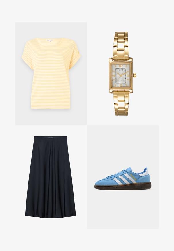 Gul kortærmet t-shirt med hvide vandrette striber. Har en rund halsudskæring og op-rullet ærmekant. Lavet af letvægtsstof.; Sort, knælang nederdel lavet af letvægtsstof med et svævende design. Har en glat tekstur og subtile plisseringer for en ekstra detalje.; Lyseblå ruskinds sneakers med hvide læderstribes, en brun struktureret sål og detaljer i guld. Lav-top design med rund tå.; Guldtonet rektangulær armbåndsur med en hvid skive, sølvtonede time markører og et holdbart metalled. Vandafvisende funktion inkluderet.