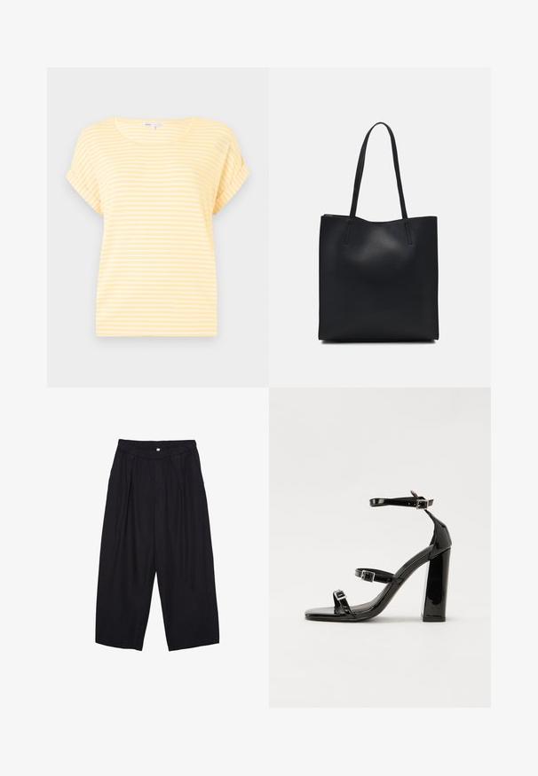 Žlté tričko s krátkymi rukávmi s bielymi horizontálnymi pruhmi. Má okrúhly výstrih a stočené manžety. Vyrobené z ľahkej tkaniny.; Čierne polyesterové culotte nohavice s elastickým pásom, dvoma prednými záhybmi a voľným strihom. Žiadne viditeľné vzory ani detaily z kovu.; Čierne lakované sandále na podpätku so štvorcovou špičkou, navlečenými remienkami okolo členku a striebornými prackami. Disponujú masívnym blokovým podpätkom pre stabilitu.; Čierna kožená taška na rameno s hladkým povrchom, obdĺžnikovým tvarom a dvoma dlhými uchami. Bez viditeľného kovania alebo ozdôb.