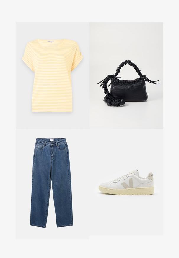 Dzeltena īsām piedurknēm T-kreklā ar baltām horizontālām svītrām. Iespējo apaļu apkakli un sarullētas piedurknes. Izgatavots no viegla auduma.; Klasiskie zili džinsi ar taisnu kāju dizainu, pieciem kabatām un pogu aizdari. Iezīmējas ar vidēju mazgāšanu un izturīgu tekstūru.; Baltas ādas sporta apavu pāris ar bēšiem zamša akcentiem, caurumiņu purngalā, plakanu šņorēšanu un teksturētu krēmkrāsas zoli. Iezīmējas ar diskrētu zīmolu uz papēža.; Melnā mākslīgās ādas rokassoma ar krokodila rakstu, savilkta augšdaļa un saburzīta siksna. Izskatās mīksta un kompakta pēc dizaina.