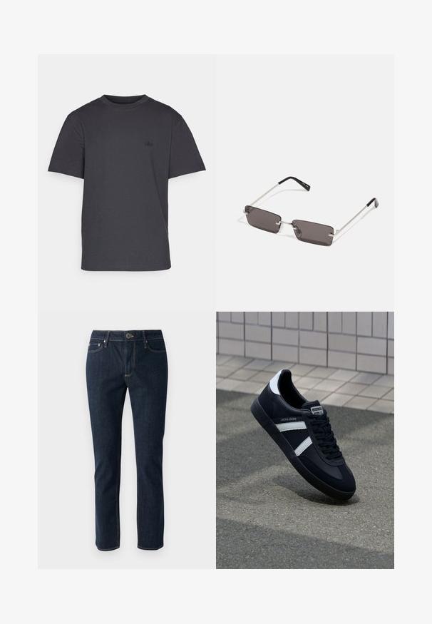 GAP LOGO ORIGINAL - Jednoduché tričko - moonless night; Tmavě modré džíny se střihem rovného nohavice, s knoflíkovým zapínáním, pěti kapsami a kontrastním prošíváním. Hladká textura.; Černé kožené tenisky s bílými pruhy, texturovanou gumovou podrážkou a šněrováním vpředu. Obsahují značenou etiketu na jazyku.; Sluneční brýle s obdélníkovými tmavě šedými skly, stříbrnými kovovými rámy a černými plastovými konci na nožičkách. Lehké provedení s podložkami na nos.