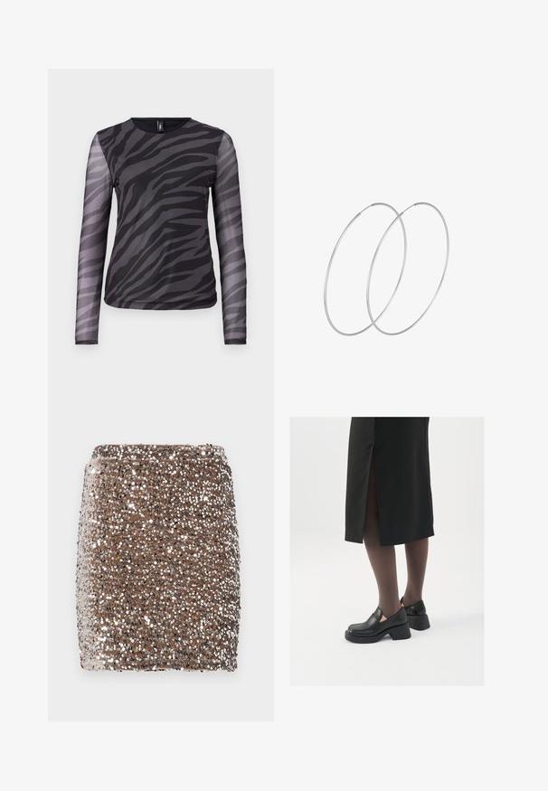 Ilgām piedurknēm tops ar melna un pelēka zebra svītru rakstu, izgatavots no viegla sietveida materiāla ar apaļu kakla izgriezumu.; Brūns mirdzošu sekvīnu mini svārku ar pieguļošu dizainu, kas pārklāts ar spīdīgiem sudrabainiem sekvīniem, radot tekstūru un mirdzošu efektu.; Melni ādas apavi ar noapaļotu purngalu, biezām bloku papēžiem un elastīgiem sānu akcentiem, apvienoti ar tumšām zeķubiksēm un melnu svārku ar šķirbu.; Sudraba gredzenveida auskari ar minimālistisku dizainu. Cirkulāra forma, gluda tekstūra un plāns profils. Vieglu svaru ar spīdīgu apdari.