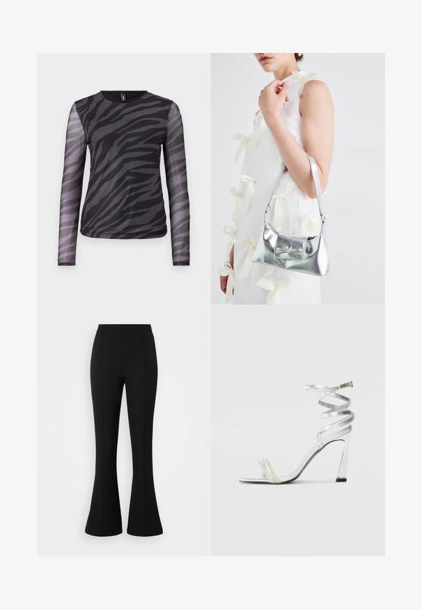 Blusa de manga longa com padrão de listras zebra em preto e cinza, feita de material leve em malha, com decote redondo.; Calças largas pretas feitas de um tecido elástico, com uma textura suave, cintura alta e detalhes de costura na frente.; Sandalha de salto alto prateada com um design de tira brilhante, apresentando um detalhe semelhante a uma pérola e uma tira de tornozelo espiralada para um ajuste seguro.; Bolsa metálica prateada com uma forma estruturada, apresentando uma alça superior e um detalhe de laço na frente. Textura suave, acabamento reflexivo.