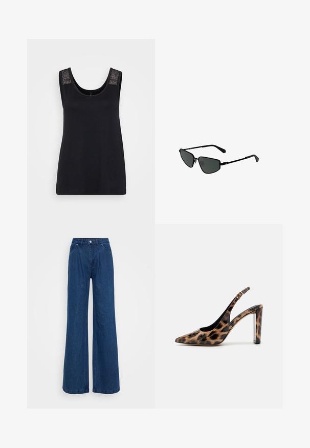 Schwarzes Tanktop aus weichem Stoff, mit einem Rundhalsausschnitt und strukturierten Spitzeakzenten an den Schulterträgern.; Weite blaue Jeans mit hoher Taille, vorderem Knopf- und Reißverschlussverschluss sowie Vorder- und Hintertaschen vor einem schlichten Hintergrund.; Pumps mit Leopardenmuster im Slingback-Stil, spitz zulaufend und mit transparentem Blockabsatz. Hergestellt aus glänzendem Material mit glatter Oberfläche.; Schwarze Metallsonnenbrille mit kantigen Rahmen und dunklen Gläsern. Verfügt über dünne, gerade Bügel und Nasenpads für einen sicheren Sitz.