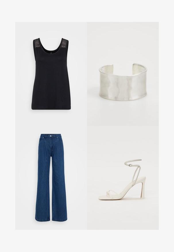 Top preto sem mangas feito de tecido suave, com um decote redondo e detalhes em rendas texturizadas nas alças.; Jeans de ganga azuis de perna larga com uma cintura alta, fecho frontal por botão e zip e bolsos dianteiros e traseiros sobre um fundo plain.; Sandal de salto alto branco com uma tira fina no tornozelo e duas tiras frontais. Textura de couro suave com bico quadrado e salto brilhante.; Zign Pulseira - silver-coloured
