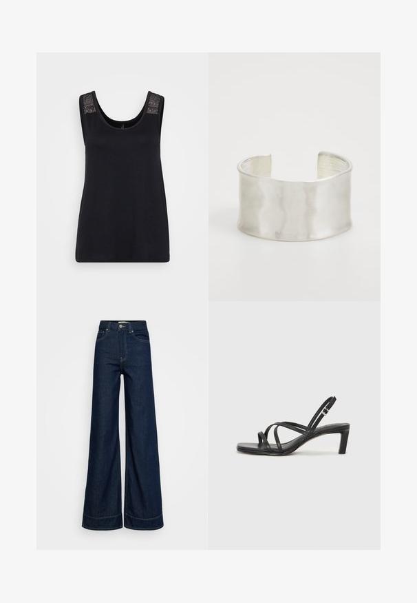 Top negru fără mâneci, realizat dintr-un material moale, având un decolteu rotunjit și inserții din dantelă texturată pe bretele.; Jeans cu talie înaltă, albastre închise, cu picioare largi, cu buzunare frontală, bați pentru curea, închidere cu nasture și cusături vizibile, pe un fundal alb.; Sandal cu barete negre, cu vârf pătrat și toc mic de bloc. Prezintă mai multe barete subțiri și o bareta ajustabilă la gleznă. Fabricat din piele netedă.; Zign Brăţară - silver-coloured