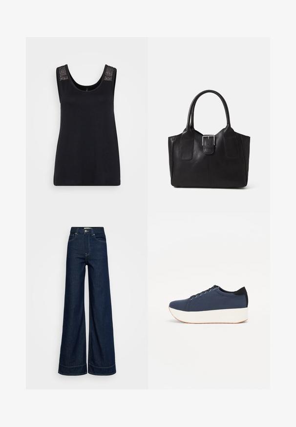 Schwarzes Tanktop aus weichem Stoff, mit einem Rundhalsausschnitt und strukturierten Spitzeakzenten an den Schulterträgern.; Dunkelblaue High-Waist-Weitbein-Jeans mit vorderen Taschen, Gürtelschlaufen, Knopfverschluss und sichtbaren Nähten auf weißem Hintergrund.; Dunkelblaue Sneaker mit einem strukturierten Obermaterial, weißer Plattformsohle, runder Zehenpartie und schwarzem Fersenakzent. Verfügt über sechs Ösen für die Schnürsenkel.; Schwarze Leder-Tote mit glatter Textur, strukturiertem Design, zwei Griffen und einem auffälligen silbernen Schnallen-Detail auf der Vorderseite.