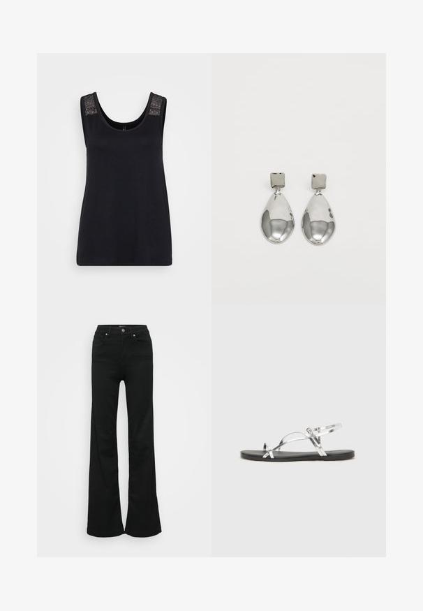 Svart tanktopp laget av mykt stoff, med scoop-neckline og teksturerte blondedetaljer på skulderstroppene.; Svarte utsvingte jeans laget av denim, med høy midje, fem lommer og metallknapplukking. Glatt tekstur med minimal detaljering.; Sølvfargede metall sandaler med et minimalistisk design, som har tynne stropper og en sort flat såle. Fremhevingene inkluderer kryssremmer.; Sølv dråpeøreringer med firkantet studs, med en glatt, polert overflate og en tåreformet design som reflekterer lys med en blank overflate.