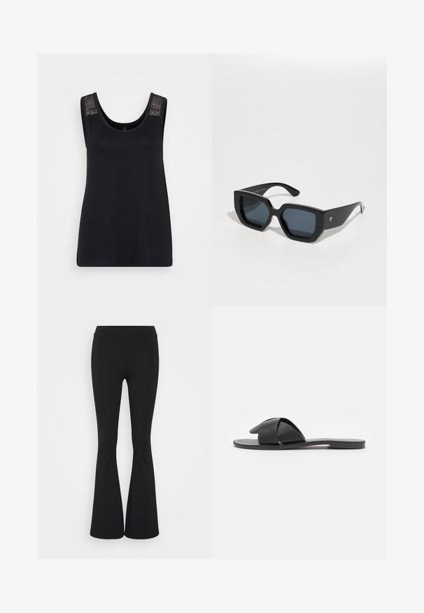 Schwarzes Tanktop aus weichem Stoff, mit einem Rundhalsausschnitt und strukturierten Spitzeakzenten an den Schulterträgern.; Schwarze, ausgestellte Hosen aus dehnbarem Material mit hohem Bund und glatter Textur. Die Hose weitet sich ab dem Knie.; Schwarze Slip-On-Sandale mit gekreuzten Riemen. Aus glattem Leder mit flacher Sohle und minimaler Nahtverarbeitung. Einfaches, offenes Design.; Schwarze, übergroße Sonnenbrillen mit geometrischem Design, rechteckigen Gläsern und glänzender Oberfläche. Keine sichtbaren Markenkennzeichnungen auf der Vorderseite.; Schwarze Leder-Schultertasche mit geschwungener Form, auffälligem Schnallenverschluss und weißen Nahtdetails. Verstellbarer Gurt enthalten.; Goldene Creolen mit einem glatten, abgerundeten Design. Sie verfügen über einen kleinen Scharnierverschluss, sehen leicht aus und haben ein poliertes Finish.