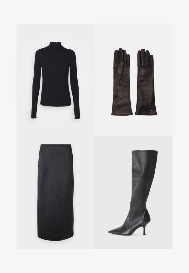 Melnas garām piedurknēm turtleneck blūze, izgatavota no gludas auduma, ar krokotu apkakli un pieguļošu siluetu, kas ir ar vienkāršām malām.; Melnā midi svārki ar krokotu tekstūru, taisnu griezumu un sānu izgriezumu. Materiāls izskatās viegls. Apakšmala ir nedaudz noapaļota.; Ceļa auguma melni ādas zābaki ar smailu purngalu un šauru stiletto papēdi. Gluda tekstūra ar pieguļošu dizainu un izšuvumiem augšējā malā.; Weekend Max Mara SENAPE - Cimdi - nero